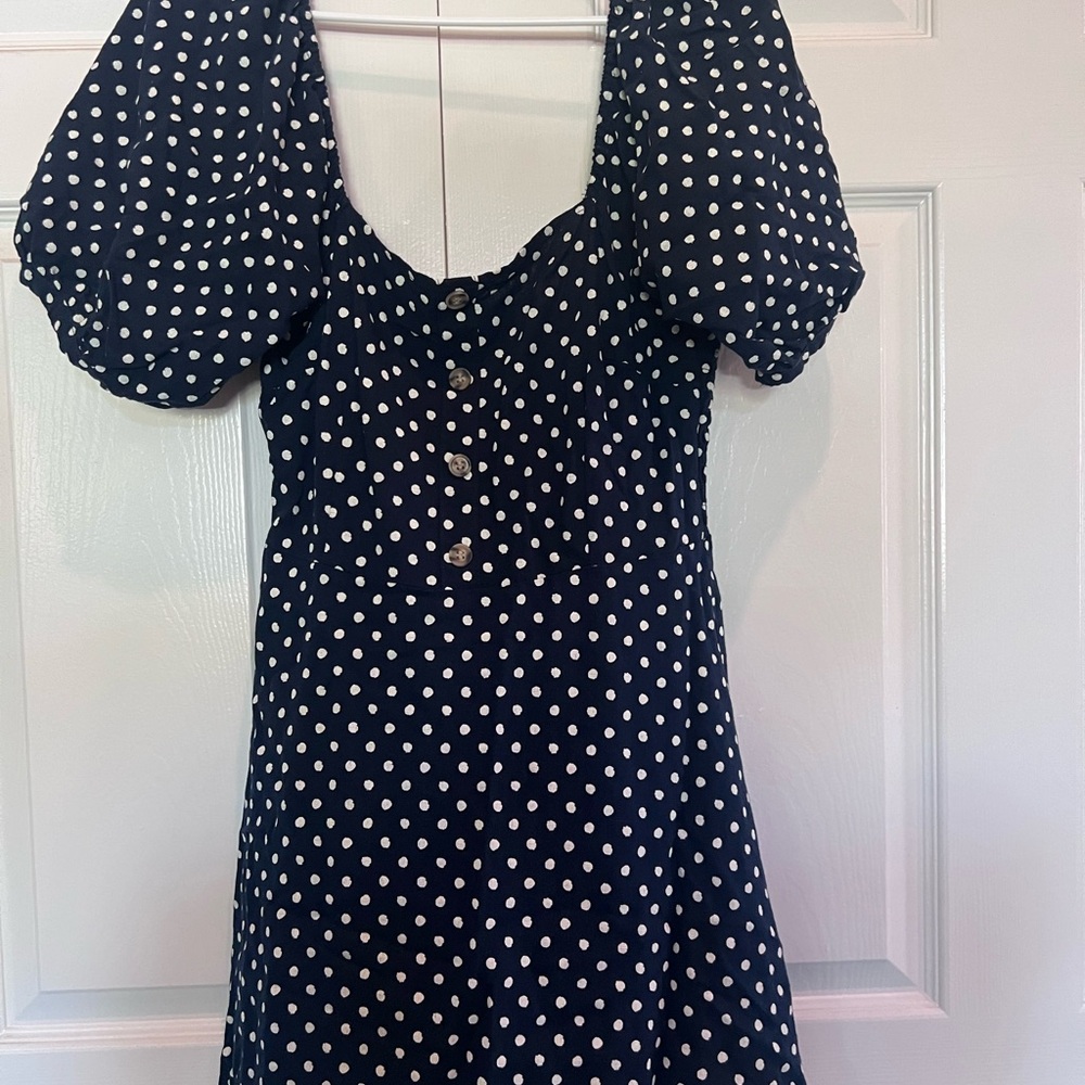 Navy blue and cream polka dot dress